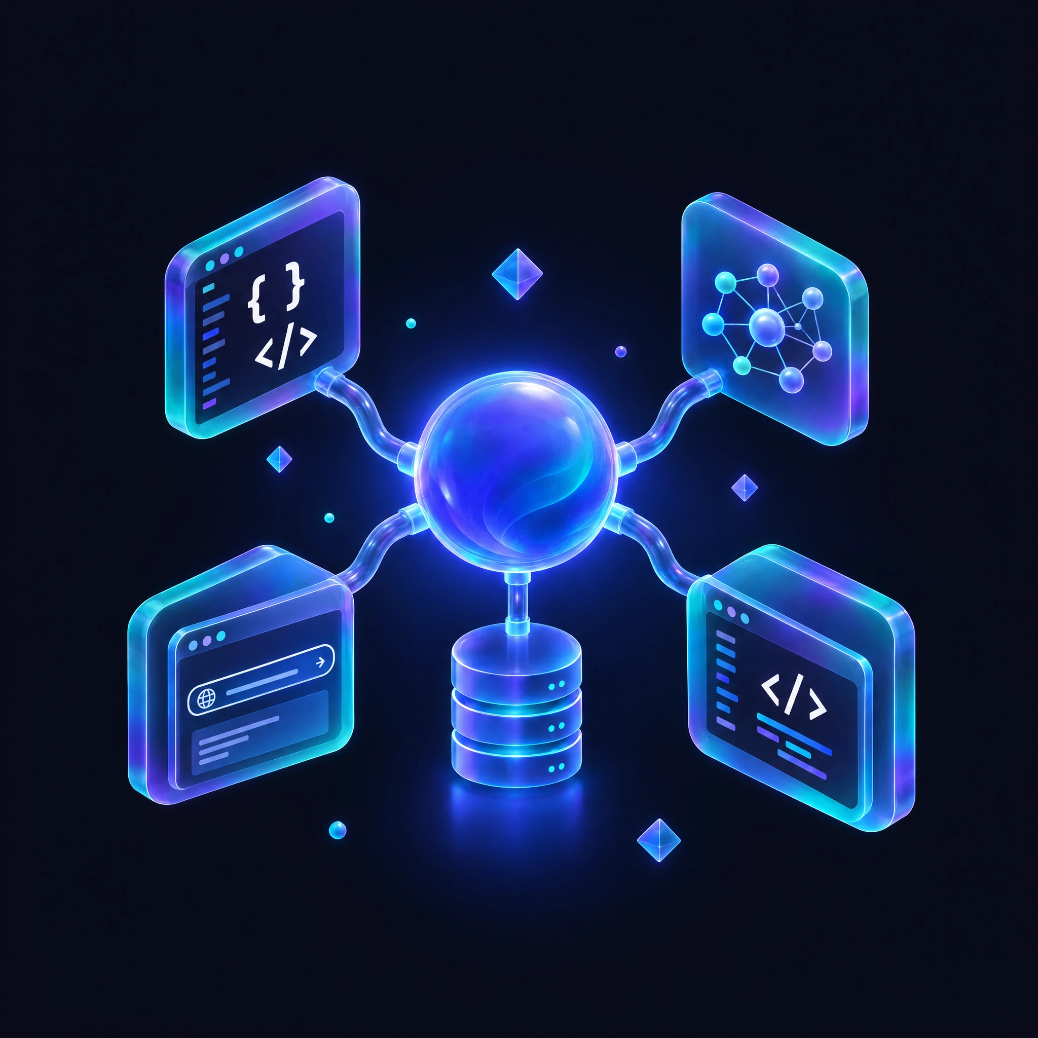 Abstract illustration of full-stack development: code, browser, database, and API connections
